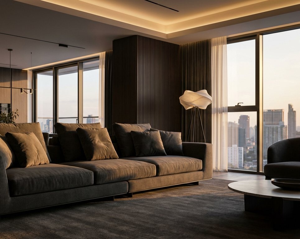 Elegantes Wohnzimmer mit Sofa im Abendlicht